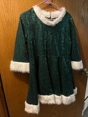 Green Sequin Mini Dress with White Faux Fur Trim NWOT